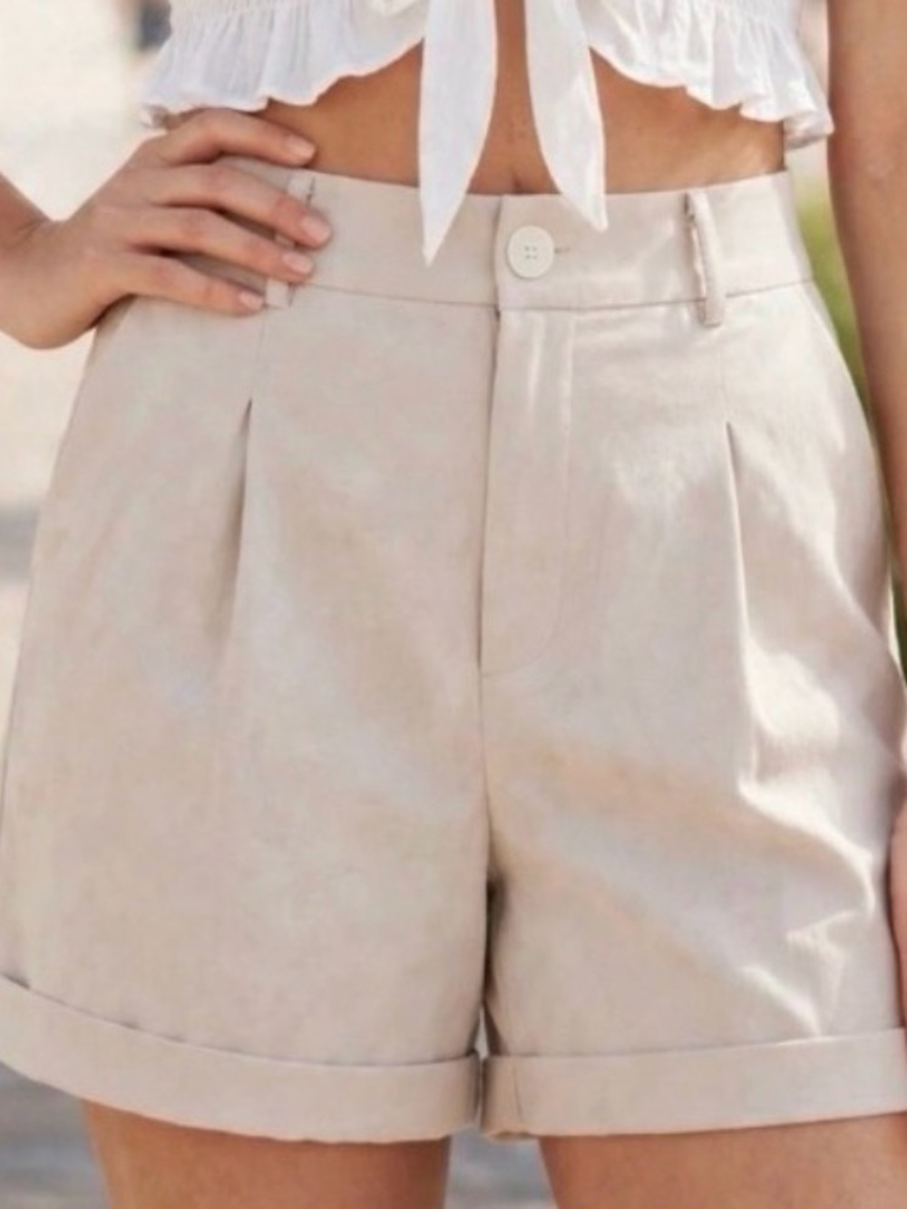 High-Waist Tailored Pleat Front Women’s Shorts in Light Cream